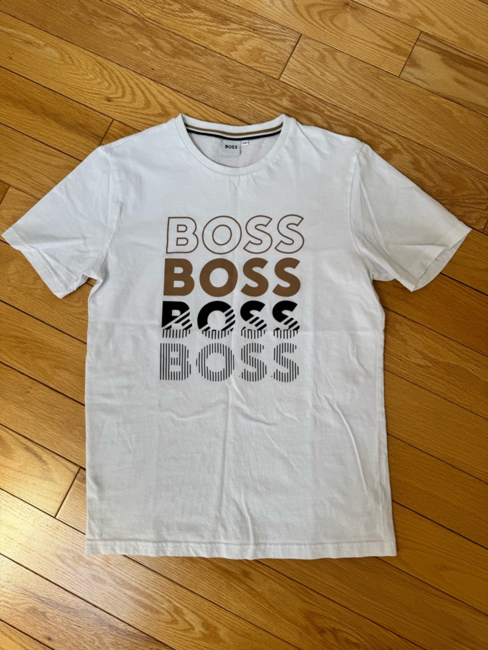BOSS White Tee with Brown and Black Stacked Logo